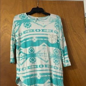 Tribal print, turquoise and white top